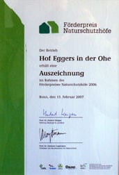 Hof Eggers Urkunde Foerderpreis